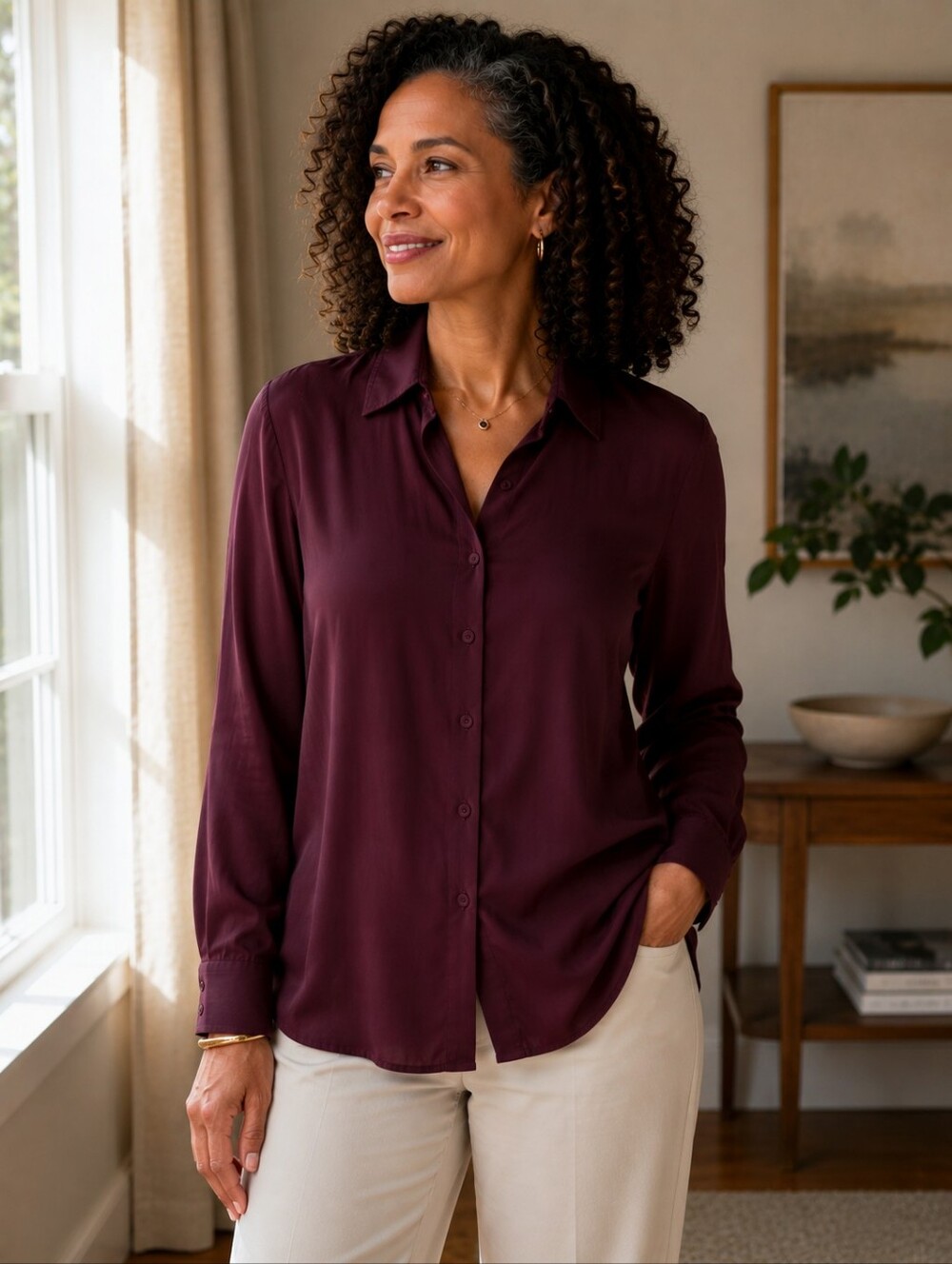 Jones New York Eggplant 100% Silk Button Down Blouse - Size: Large